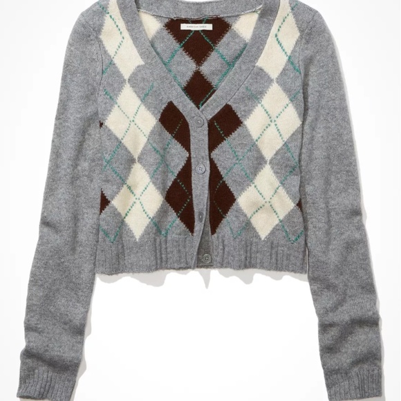 American Eagle Cropped Argyle Button-Up Cardigan - Picture 4 of 4